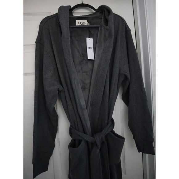 UGG Men's Sz L/XL Charcoal Heather Gray Leeland Hooded Cotton Blend Robe - Picture 7 of 15